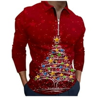 Машка Мода Обична Божиќна Печатена Кошула Со Ревер Со Долги Ракави Блуза Црвена Л