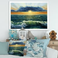 Дизајн на „Синиот океан во зајдисонце вечер I“ наутички и крајбрежен врамен уметнички принт