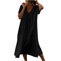 Мода Обични Лоси В-Вратот Краток Ракав Долг Фустан Цврсти Плисирани Фустани Празник Дозвола