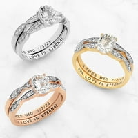 Завет и засекогаш персонализиран невестински 14к розово злато над стерлинг сребрен овален бел топаз дијамант акцент 2-парчен врежан свадбен прстен