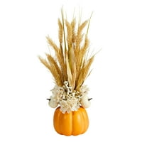 Скоро природно 21 Есен сушена пченица и вештачки цвет од тиква во декоративна вазна од тиква, портокалова